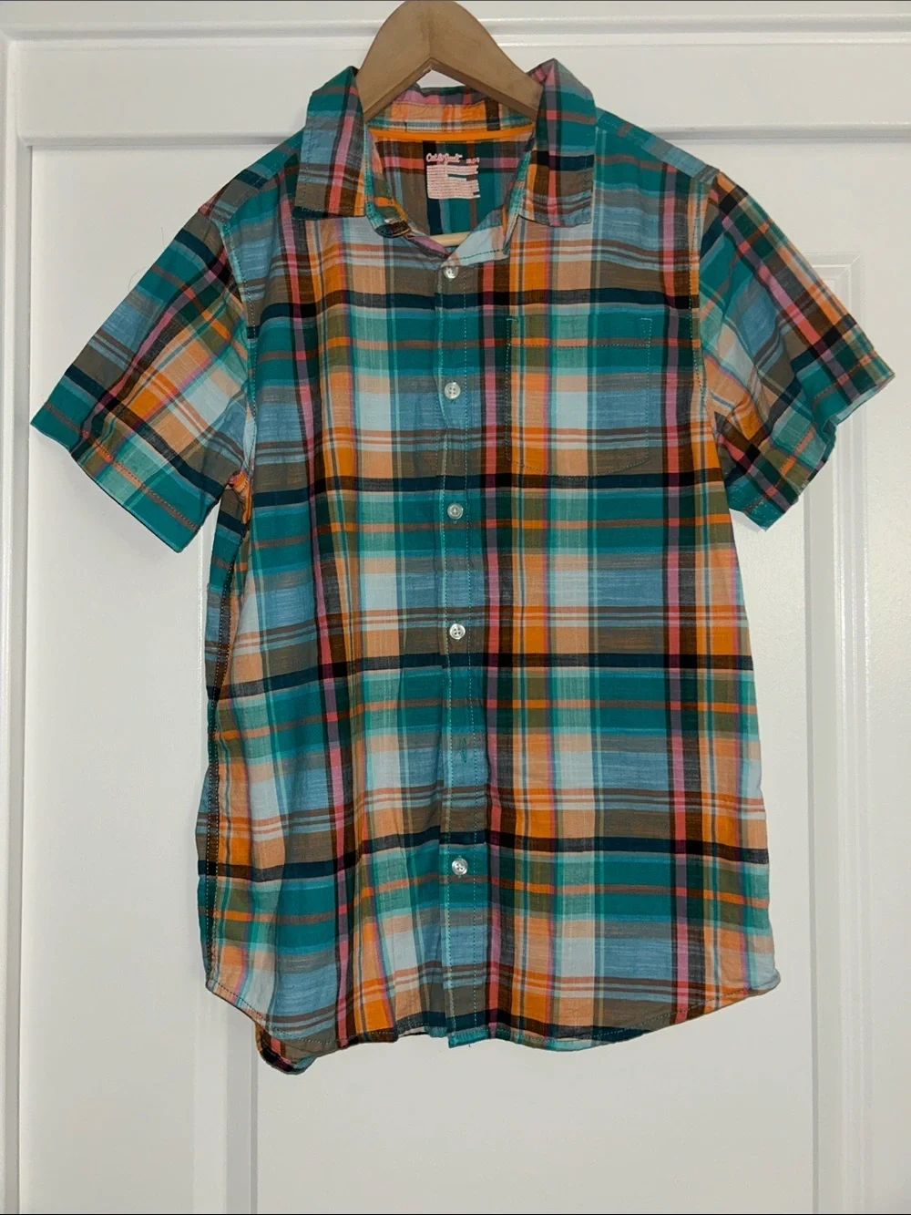 Cat & Jack Teal, Orange, Pink & Black Plaid Button-Up Shirt